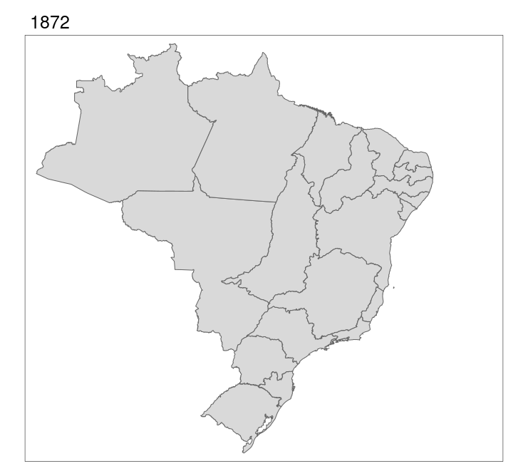 Mapa vetorial animado mostrando os estados brasileiros ao longo do tempo com o pacote `tmap`.