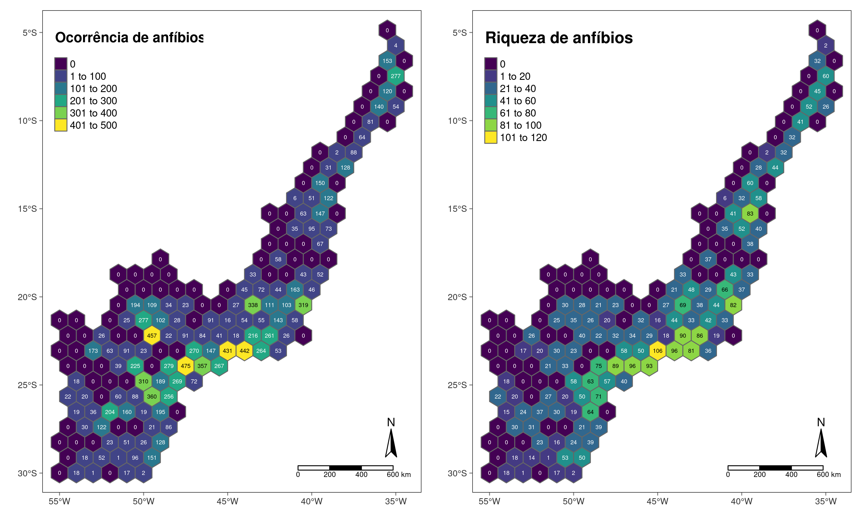 Mapa com o número de ocorrências e riqueza de anfíbios para hexágonos no limite da Mata Atlântica.