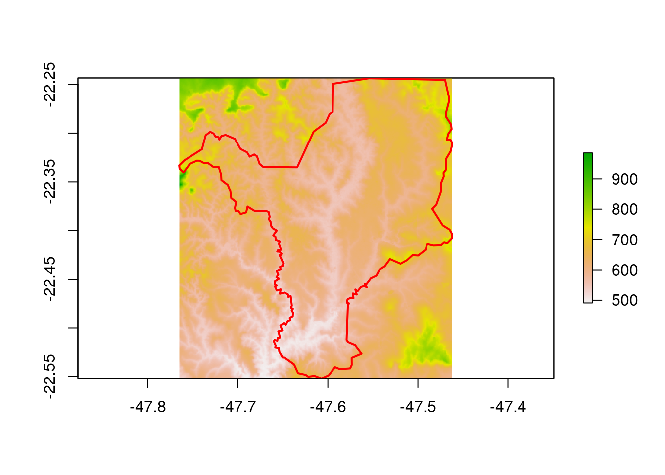 Mapa feito com a função `plot()` de um objeto raster com uma camada.