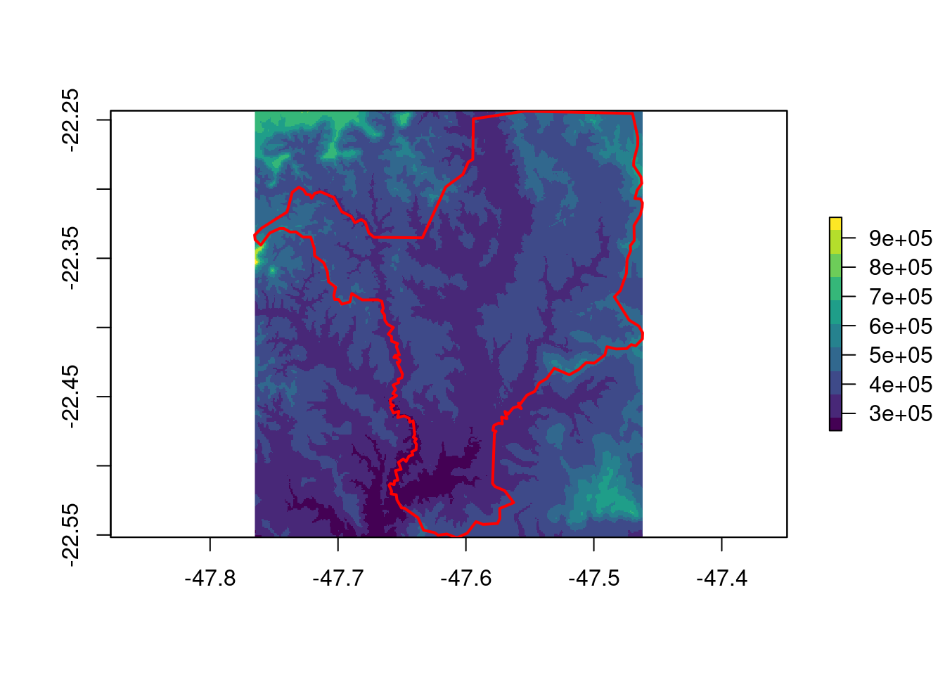 Operação local de multiplicação de todos os pixels por eles mesmos do raster de elevação para Rio Claro/SP.