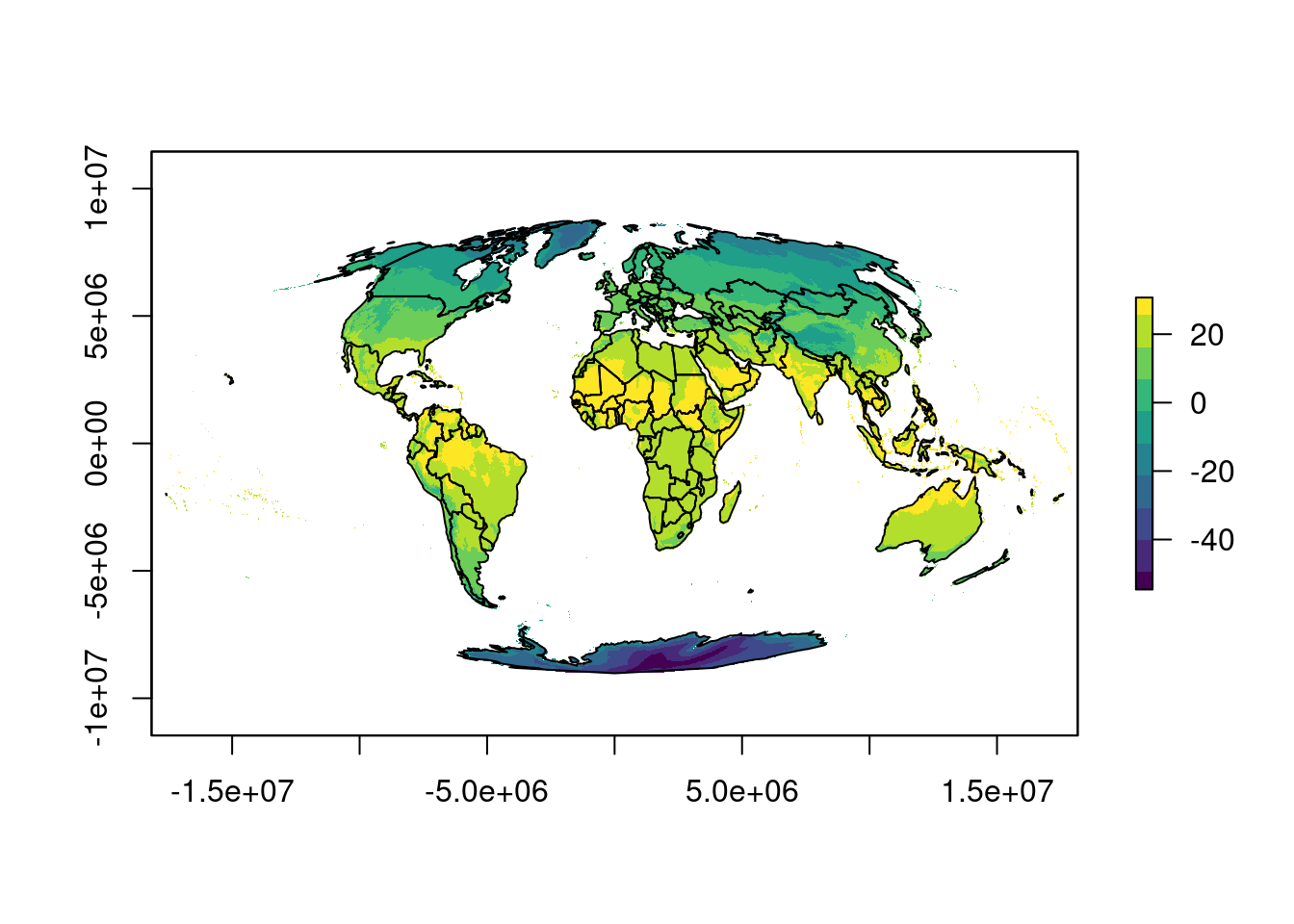 Reprojeção do raster de média de temperatura anual (BIO01) para Projeção de Mollweide informando o tamanho da célula.