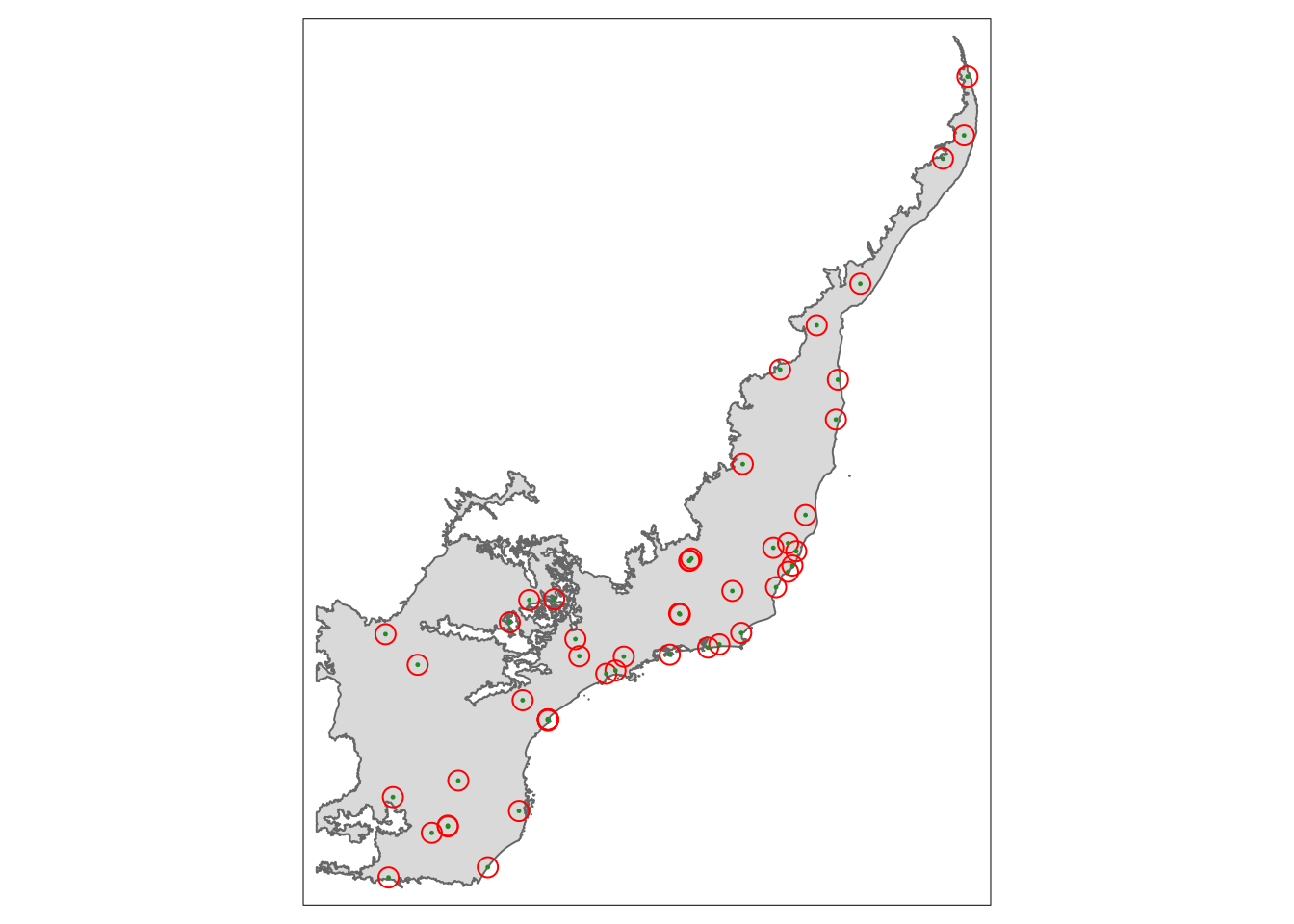 Distribuição de 50 localidades aleatórios e buffers de ~1 km (fora de escala).