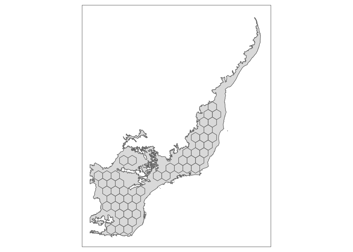 Mapa dos hexágonos totalmente dentro do limite da Mata Atlântica.