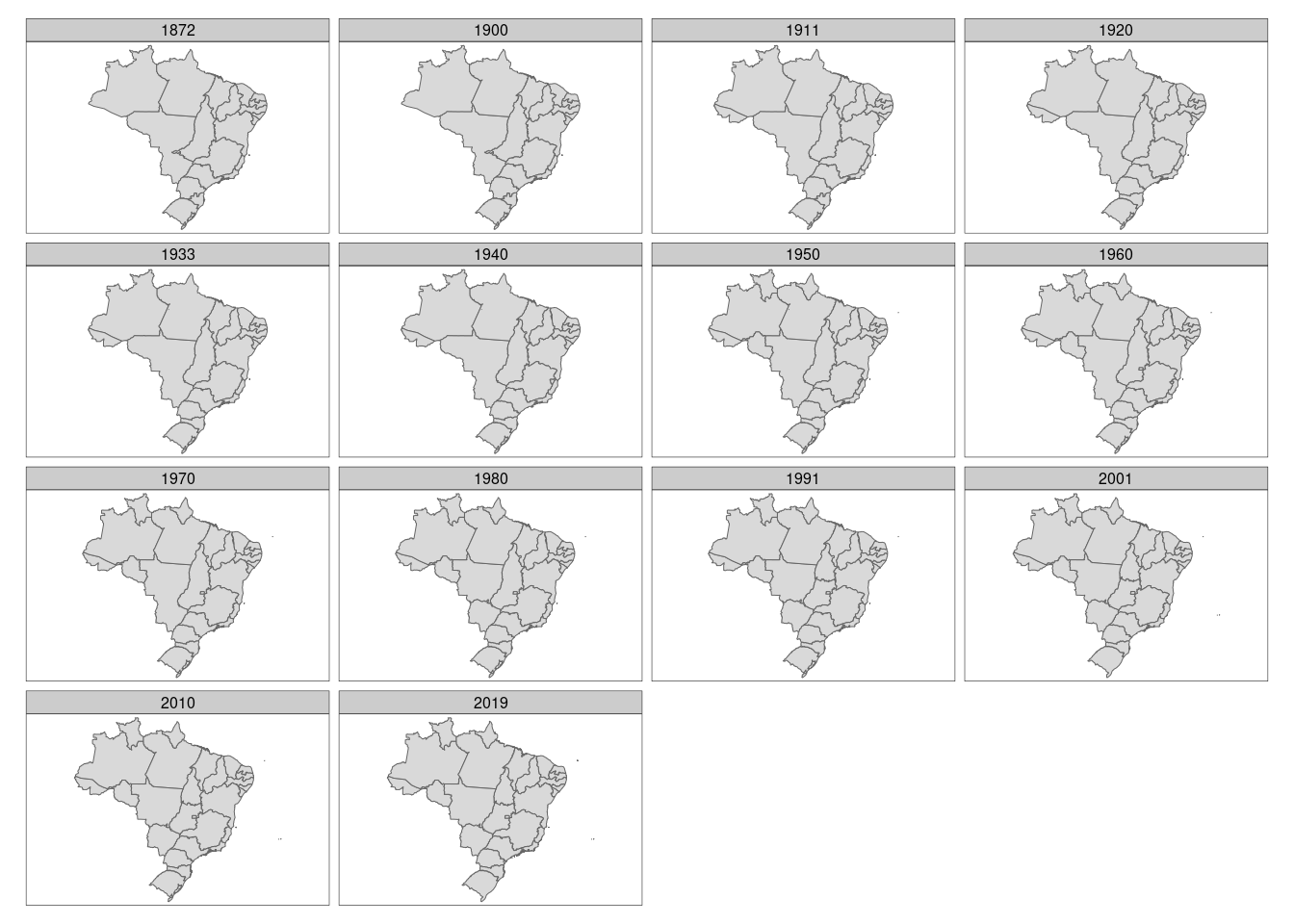 Mapa vetor facetado dos estados brasileiros ao longo do tempo com o pacote `tmap`.
