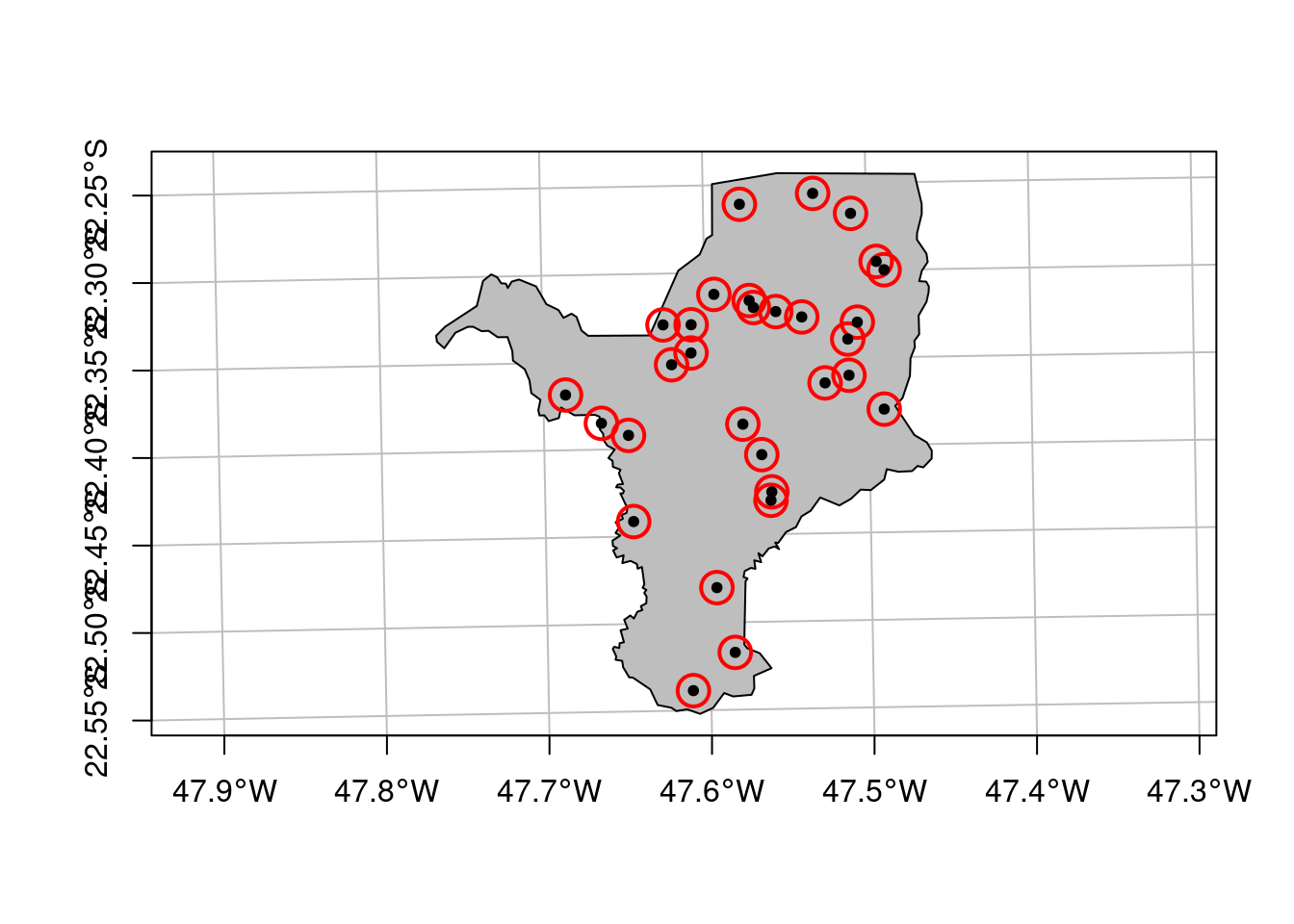 Buffers de 1000 metros para os 30 pontos aleatórios no município de Rio Claro/SP.